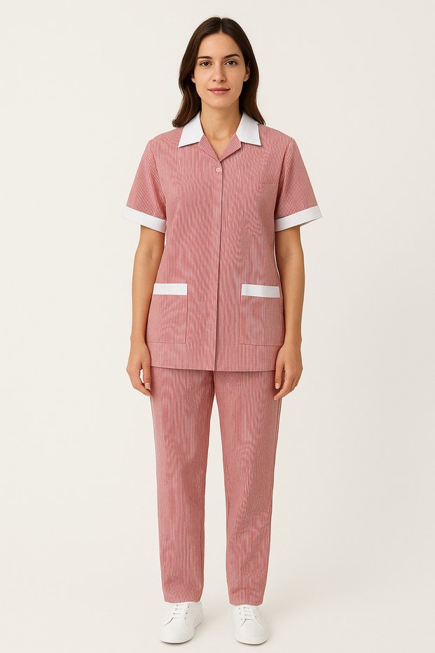 Women's Striped Housemaid Uniform Set with Zipper Closure, Short Sleeve Top and Pants
