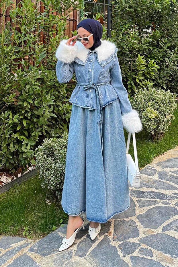 Fur Detailed Denim Suit Jeans Blue