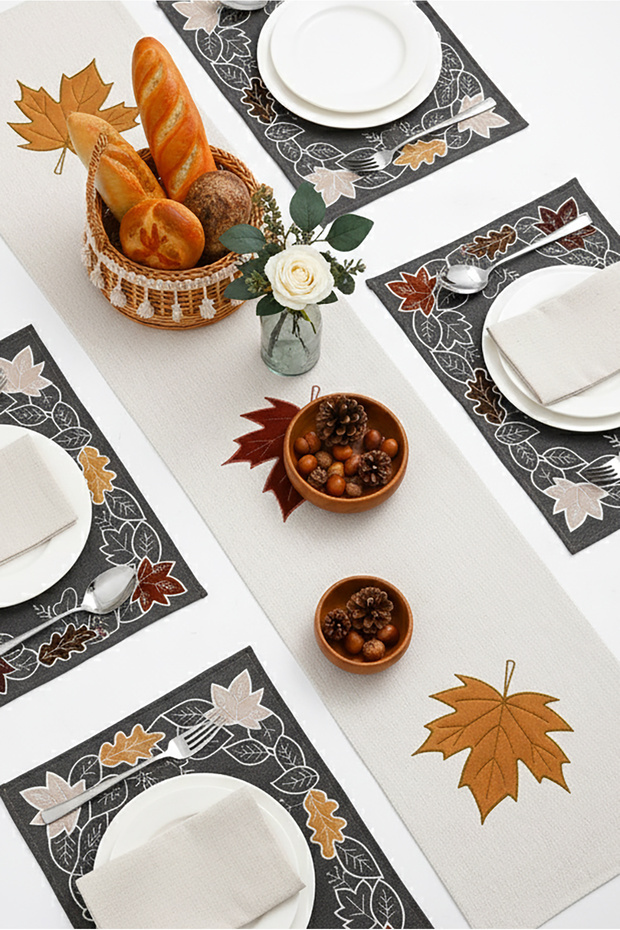 Kadife Nakışlı Kalın Keten Runner ve 6'lı Amerikan Servis Takımı | Lüks Sofra Takımı - 1