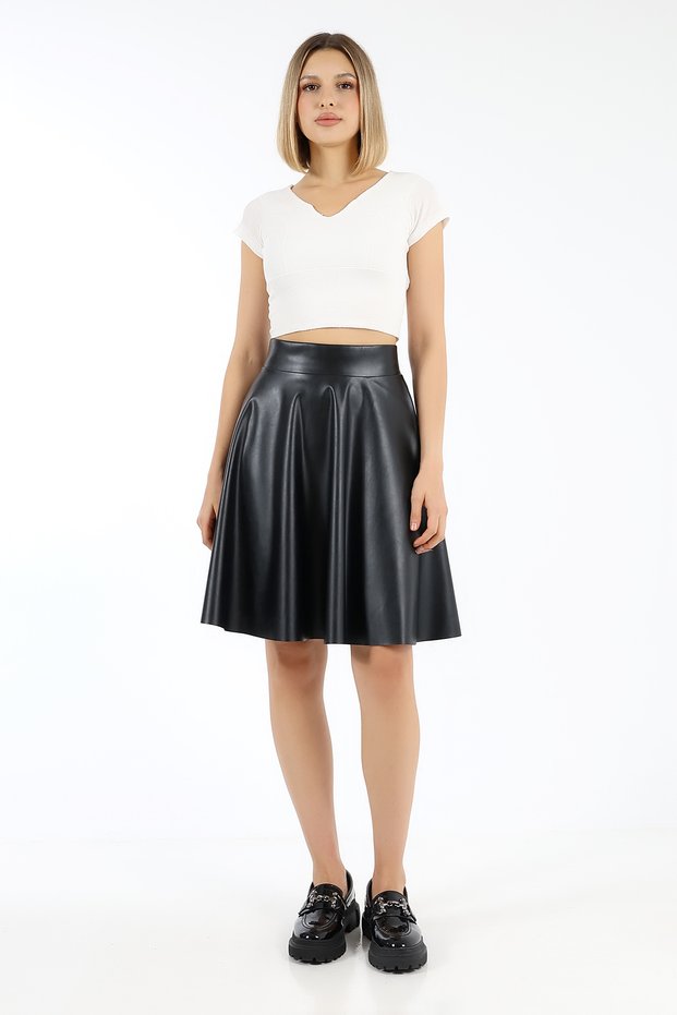 Women's Black Flared Faux Leather Skirt Faux Leather