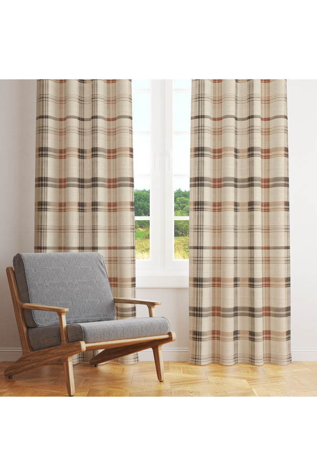 Cream Floor Brown & Tile Plaid Patterned Single Wing Background Curtain 140X260 cm