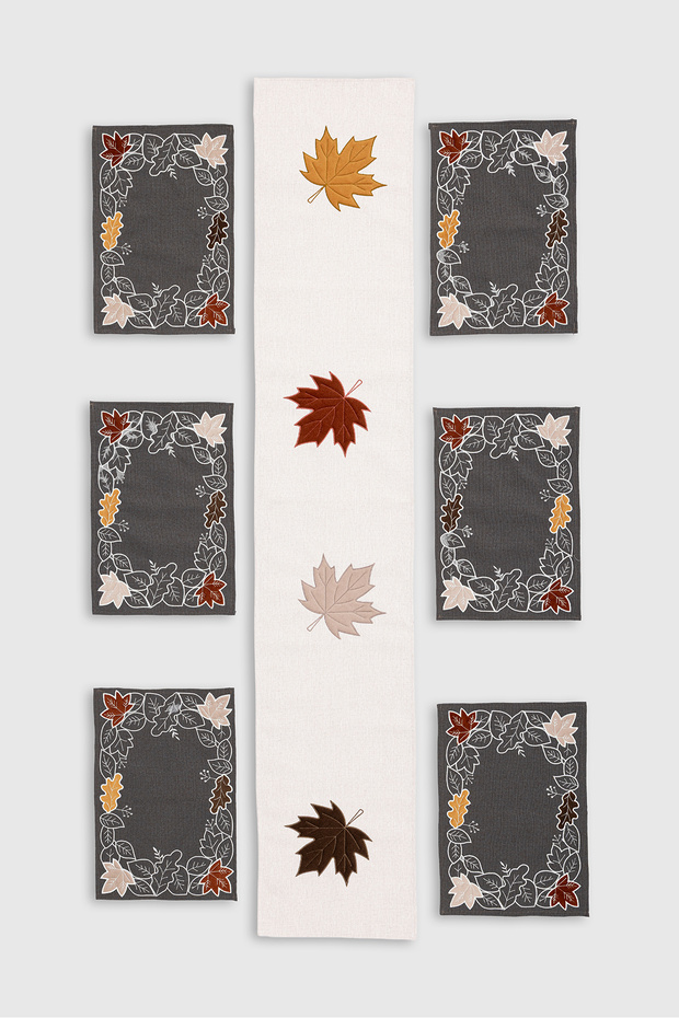 Kadife Nakışlı Kalın Keten Runner ve 6'lı Amerikan Servis Takımı | Lüks Sofra Takımı - 3