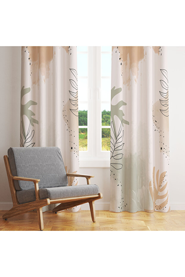 Green & Brown Watercolor Leaf Patterned Single Panel Background Curtain on Beige Background 140X260 cm