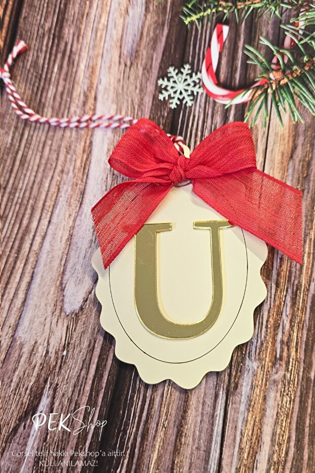 Initial Letter Bow Christmas Tree Ornament - Gold Initial Letter Red Bow Ribbon New Year Ornament