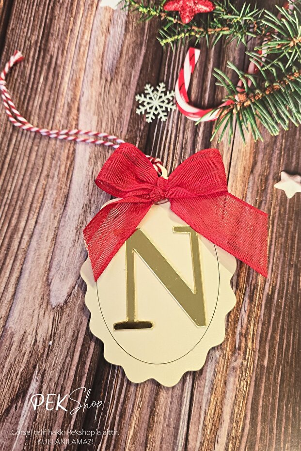 Initial Letter Bow Christmas Tree Ornament - Gold Initial Letter Red Bow Ribbon New Year Ornament