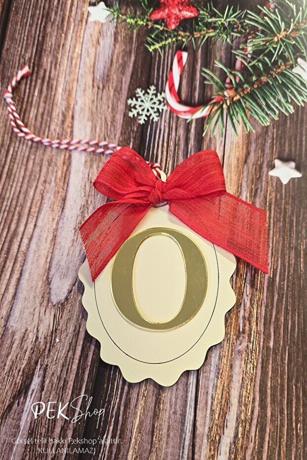 Initial Letter Bow Christmas Tree Ornament - Gold Initial Letter Red Bow Ribbon New Year Ornament
