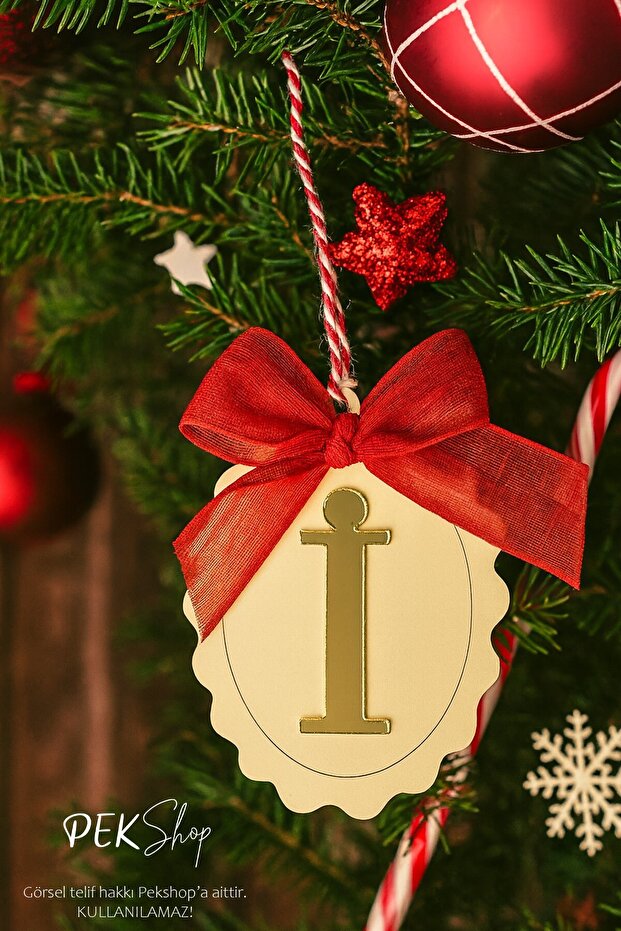 Initial Letter Bow Christmas Tree Ornament - Gold Initial Letter Red Bow Ribbon New Year Ornament