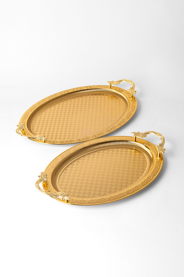 Set of 2 Stainless Steel Gold Oval Trays – Patterned Serving and Presentation Tray, Non-Tarnishable, Non-Fading