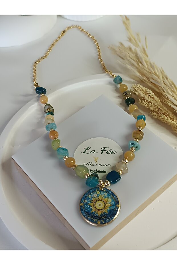 Blue Agate Natural Stone Pendant Polymer Clay Sun Van Gogh Women's Necklace