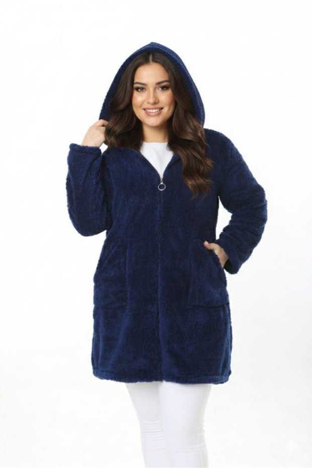 Plus Size Zippered Women's Navy Blue Long Fleece Cardigan
