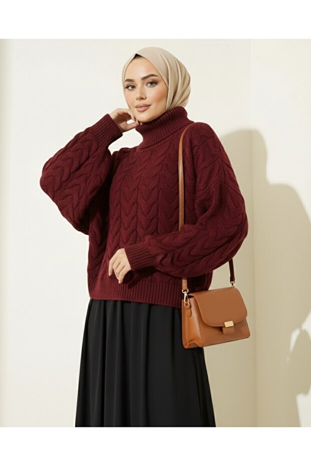 Knitted Patterned High Neck Sweater - Burgundy