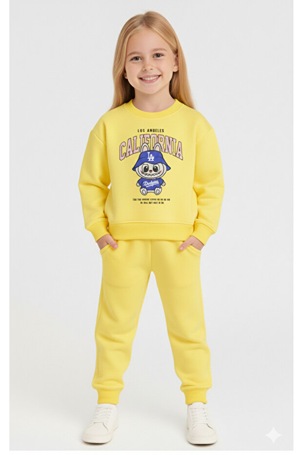 Girl's Labubu Printed Fleece-Lined Sweatshirt Tracksuit Set