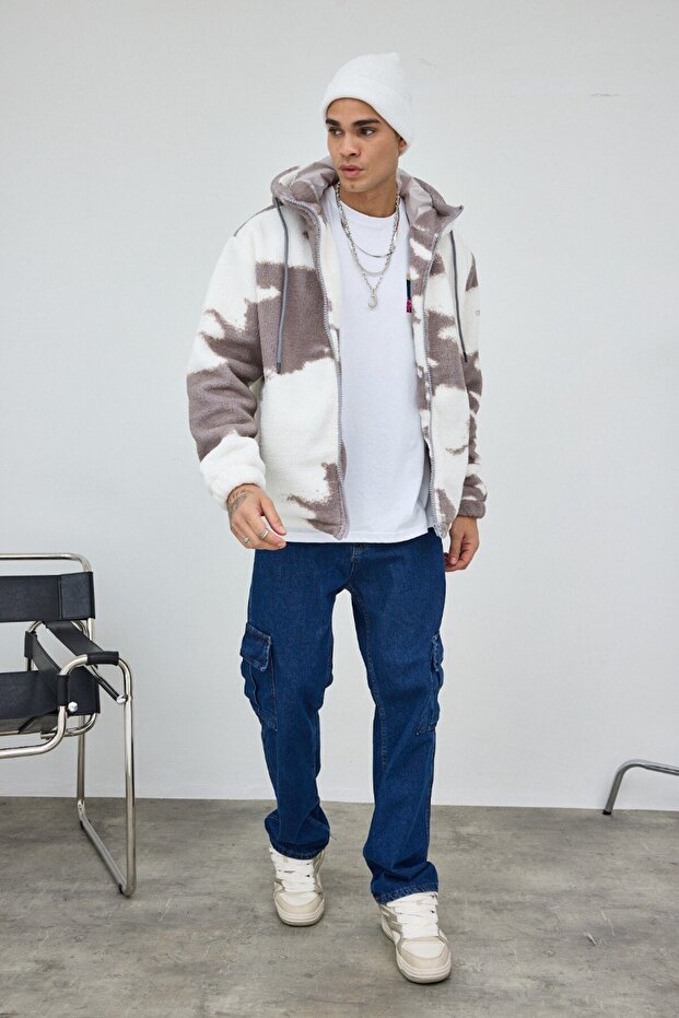 Cloud Patterned Gray Lined Hooded Plush Coat - 3