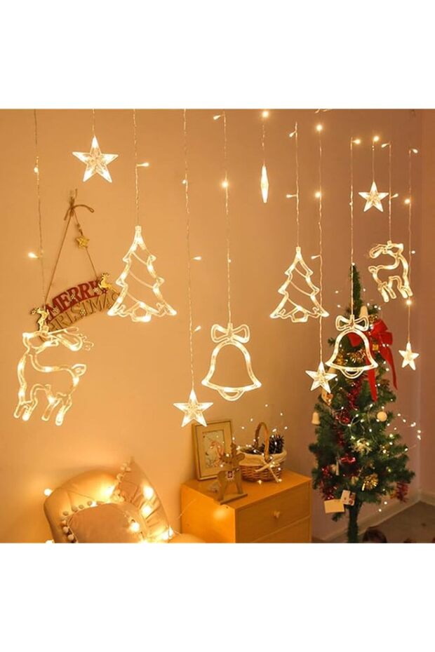 Curtain Light Fairy Light, LED Christmas String Lights Bells Light Elk Light, 8 Modes String Lights Outdoor Indoor for Home Bedroom Wall Decorations, Warm White