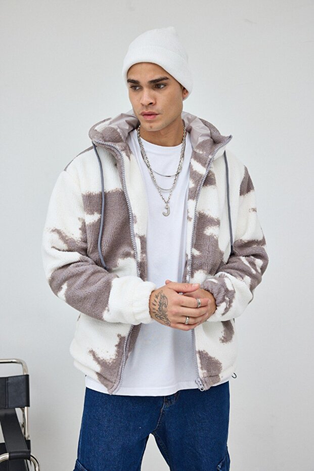 Cloud Patterned Gray Lined Hooded Plush Coat - 2