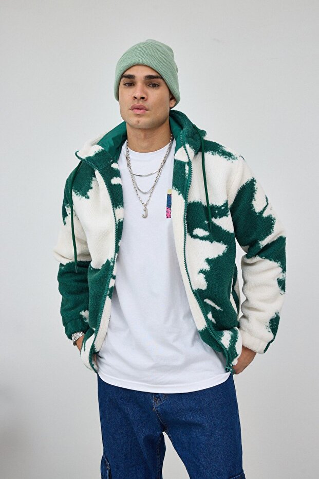 معطف من القطيفة بغطاء رأس مبطن باللون الأخضر منقوش على شكل سحابة - 2