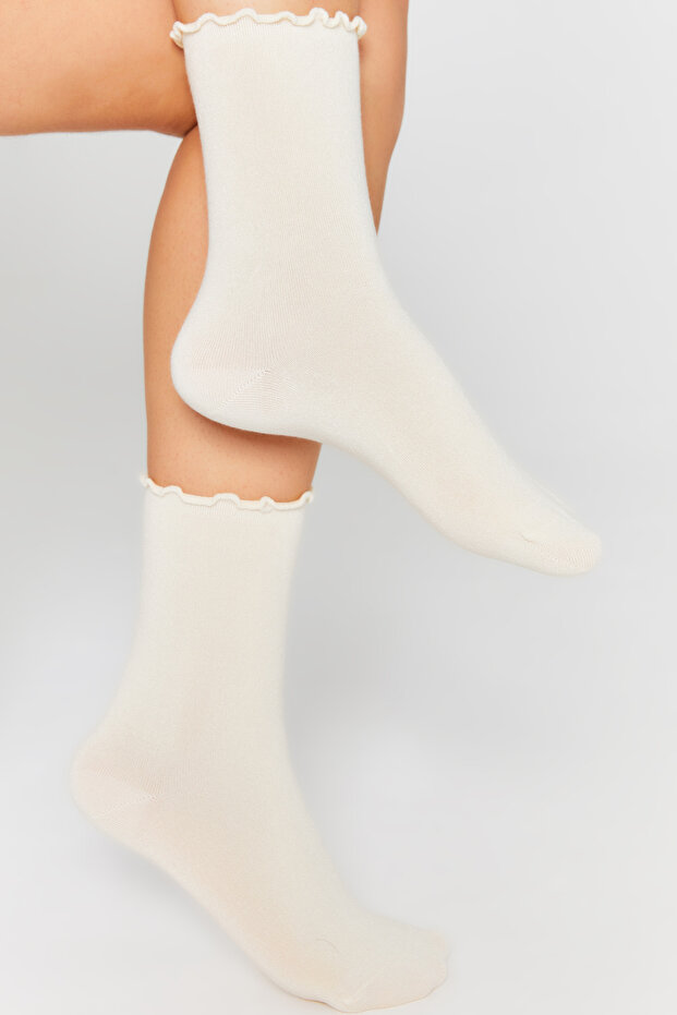 Bamboo Women's Elastic-Free Cream Ruffled Elastic-Free Stitch-Free Cream Socks Non-Marking/Non-Squeezing Socks
