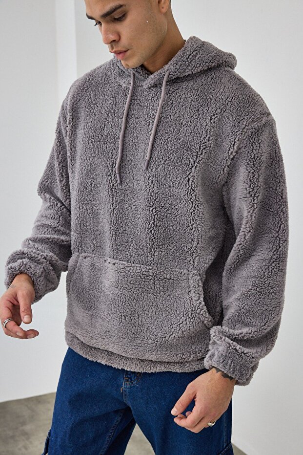 Basic Kapüşonlu Oversize Peluş Sweatshirt - 4