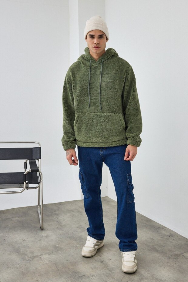 Basic Kapüşonlu Oversize Peluş Sweatshirt - 5