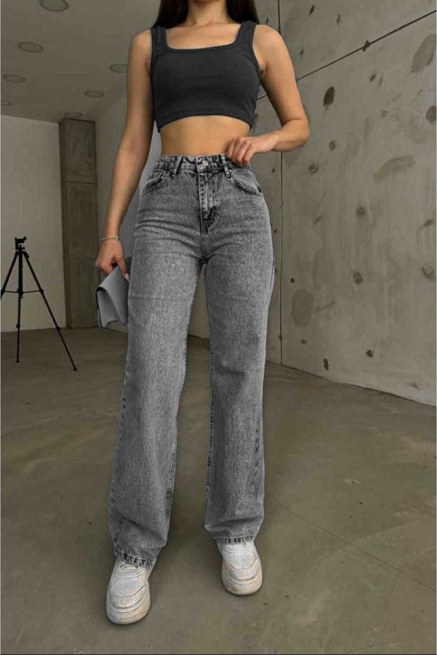High Waist Smoked Zipper Wide-Leg Casual Jeans Women Stretch Fabric Wideleg,Palazzo Jeans*2