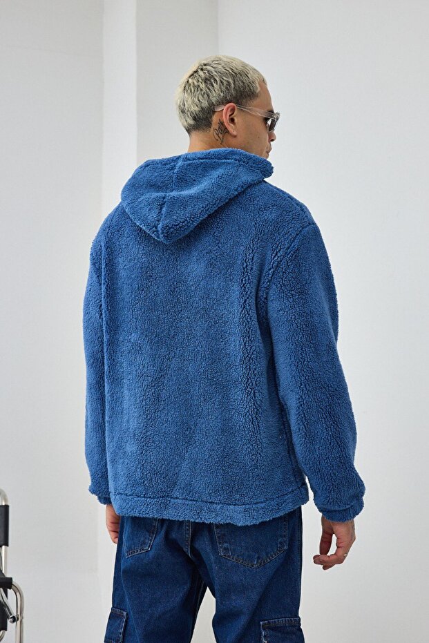 Basic Kapüşonlu Oversize Peluş Sweatshirt - 5