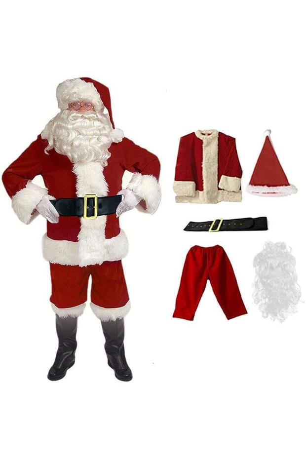 5 Pcs Christmas Santa Claus Costume Set for Men - Red, One Size