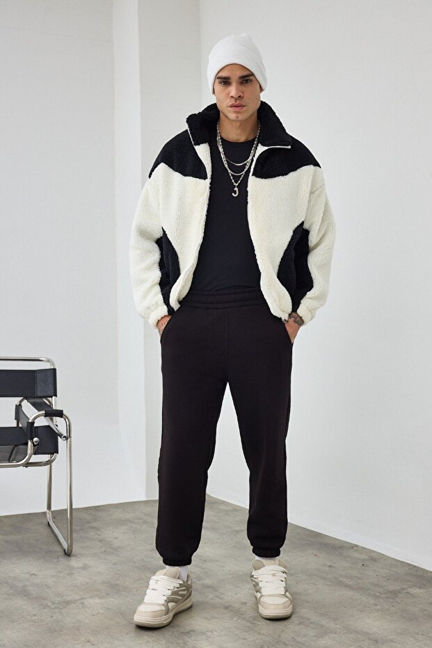 Garnili Oversize Çift Renk Peluş Mont - 5