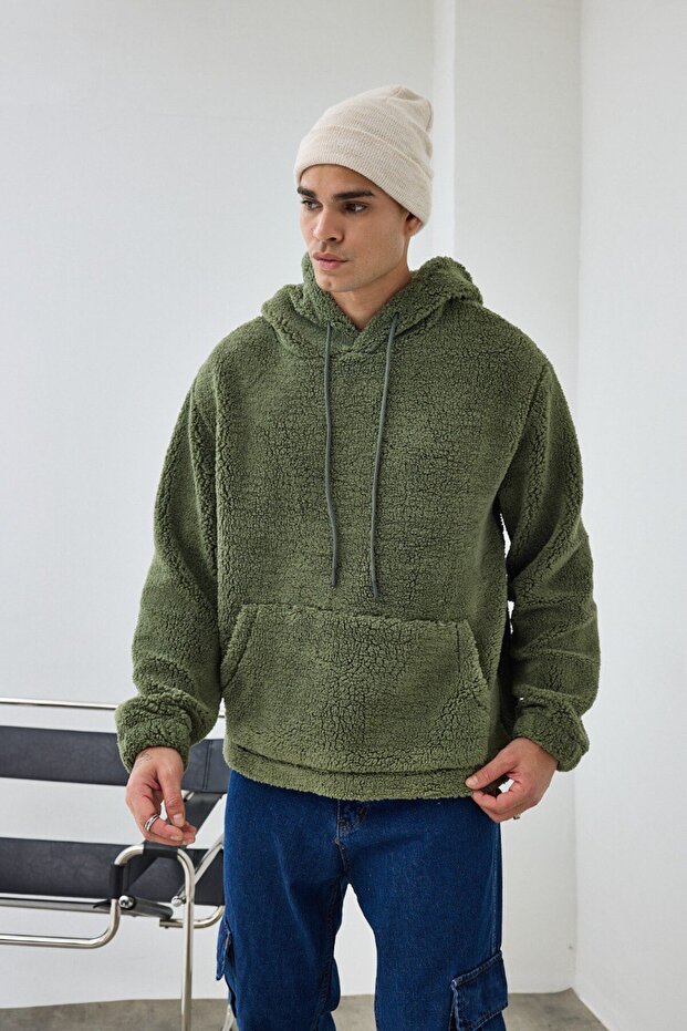 Basic Kapüşonlu Oversize Peluş Sweatshirt - 1