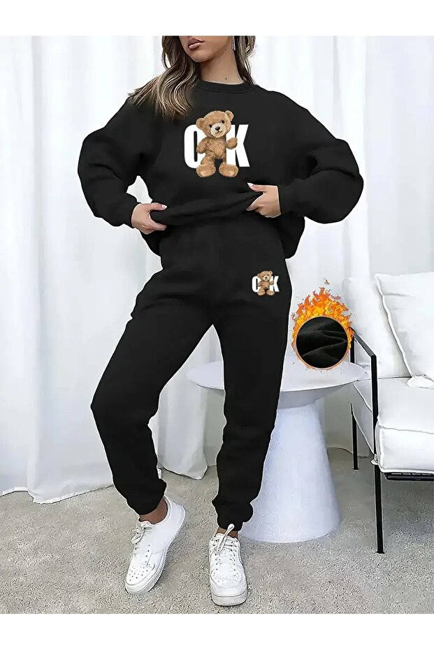 Unisex Men's and Women's Ok Bear Printed 3 Thread Crew Neck Sweatshirt Set