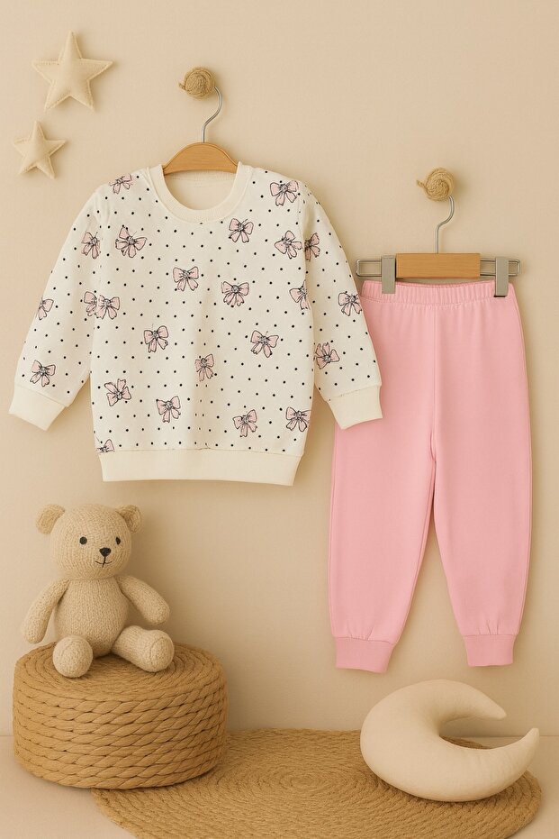Girl's Ribbon Patterned Cotton 2-Piece Pajama Set