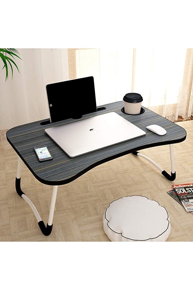 Foldable Wooden Mini Laptop Table for Bed, Study Table with Drawer, Tablet/Mobile Holder (Black