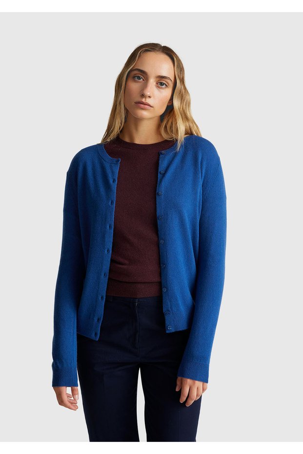 Women's Dark Blue 100% Merino Crew Neck Cardigan