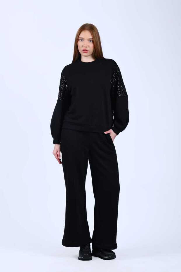 Siyah Kolu Pullu Sweatshirt - LV28 - 2