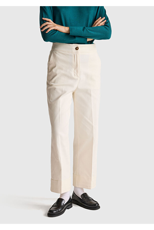 Women's cream cotton blend button-up folded hem pants