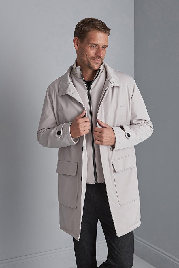 Taş Renk Erkek Kaban Dik Yaka Modern Kesim Uzun Model - 3