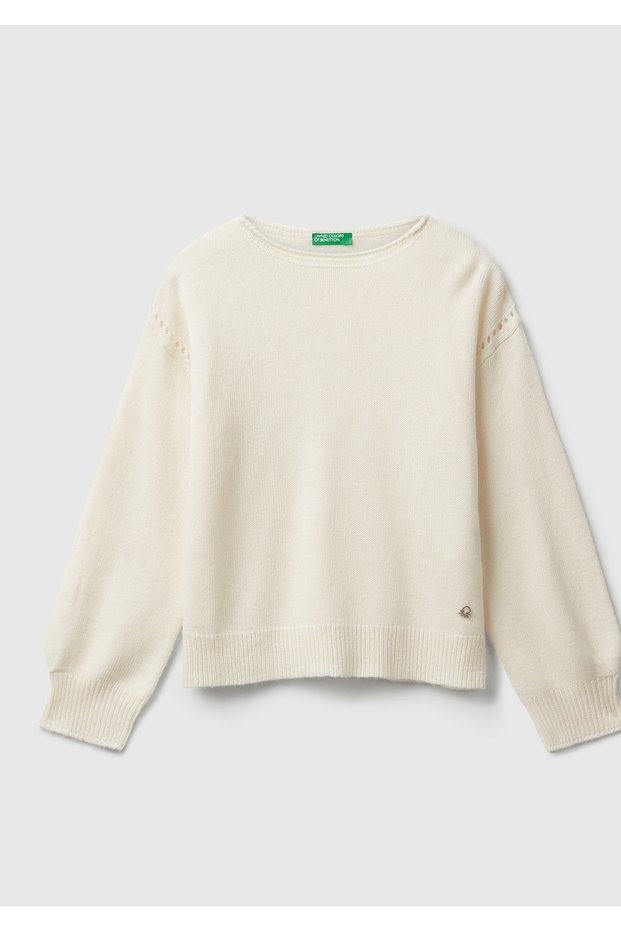 Girl's Cream Wool Blend Ribbed Sleeve Sweater