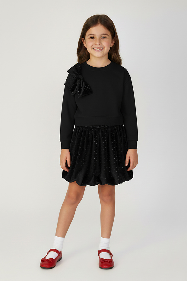Girl's Balloon Skirt Stone Printed Ribbon Detailed Top and Bottom Set