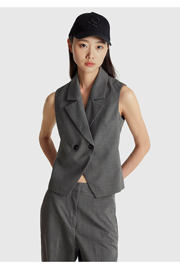 Women's khaki patterned viscose blend buttoned Double-Breasted vest