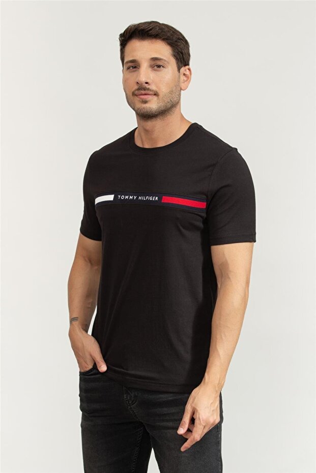 Erkek Göğsü Şerit Detaylı Bisiklet Yaka Kısa Kollu Siyah T-Shirt - 2