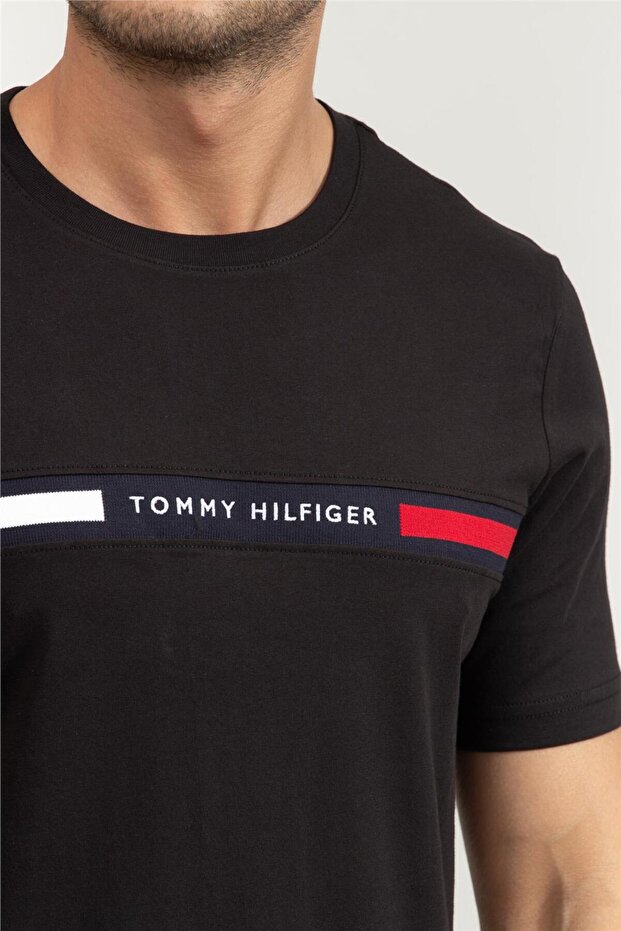 Erkek Göğsü Şerit Detaylı Bisiklet Yaka Kısa Kollu Siyah T-Shirt - 4