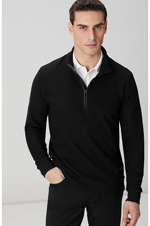 Siyah Dik Yaka Fermuarlı Sweatshirt - 2
