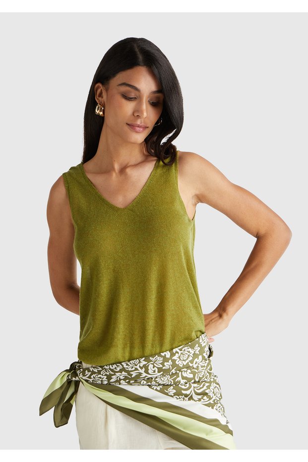 Women's Khaki Green Alpaca and Wool Blend Knitwear Tank Top