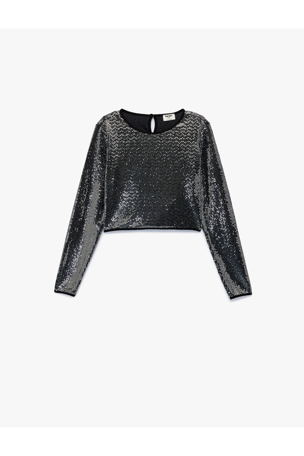 Long Sleeve Crew Neck Shiny Blouse