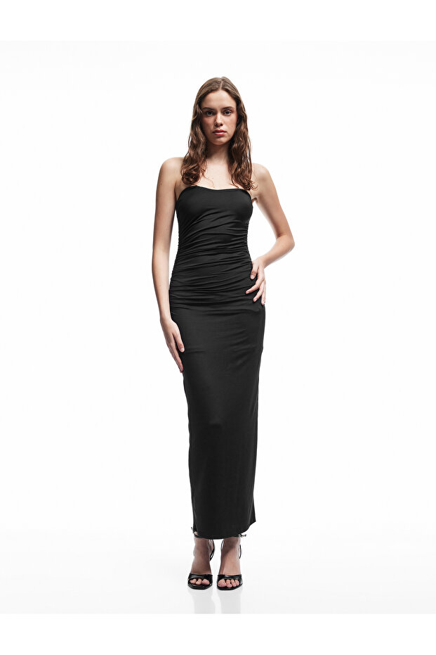 Lined Slim Fit Strapless Dress with Gathered Drape Detail