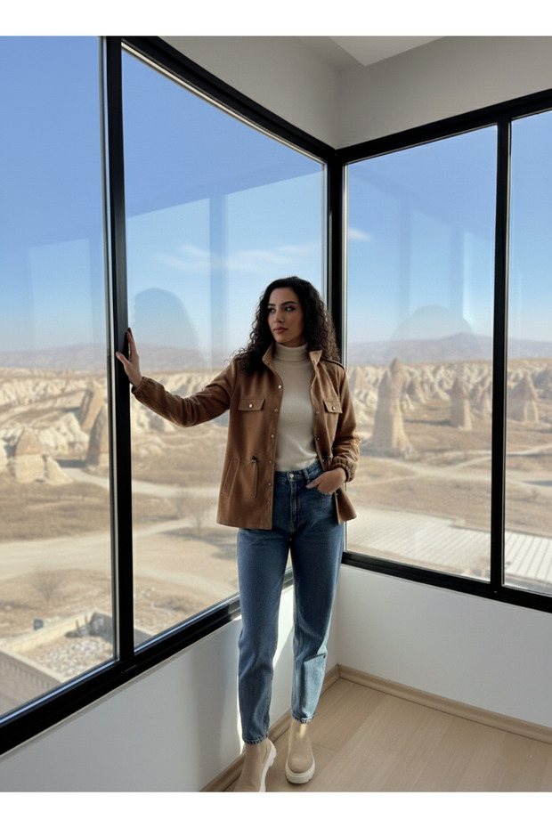 Taba Süet Görünümlü Cepli Ceket - 2