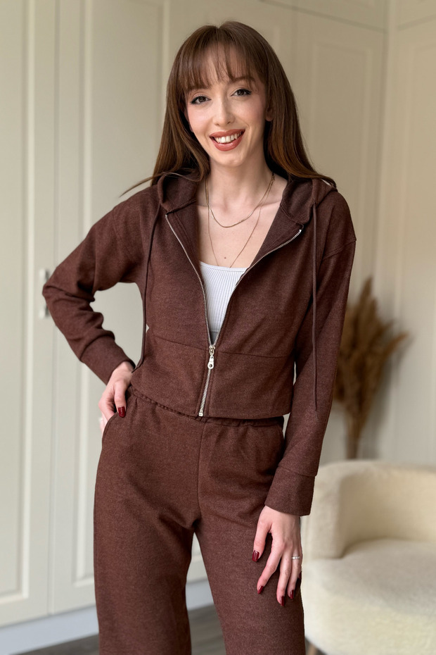 Hooded Zippered Crop Thessaloniki Fabric Cardigan Set