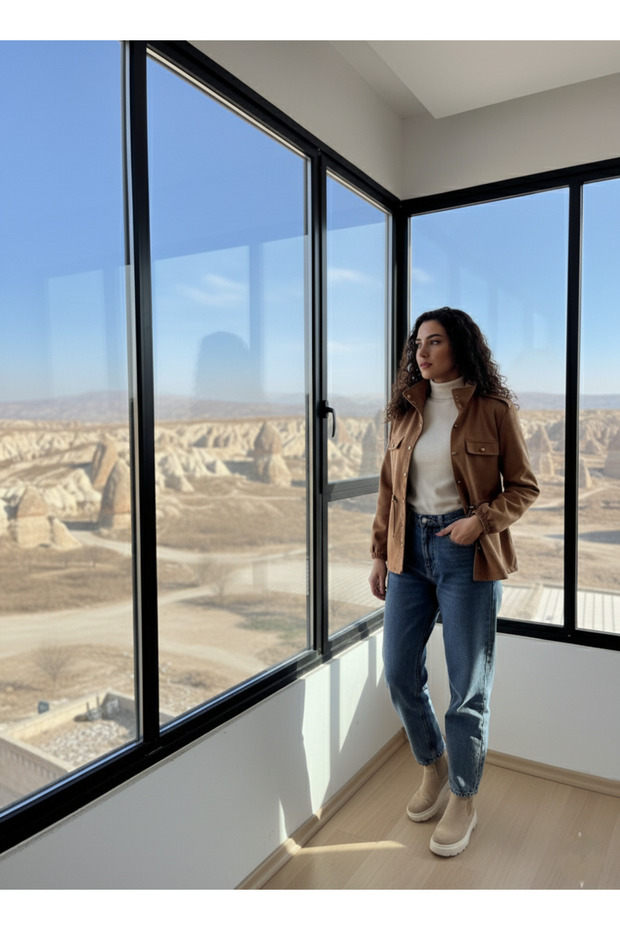 Taba Süet Görünümlü Cepli Ceket - 1