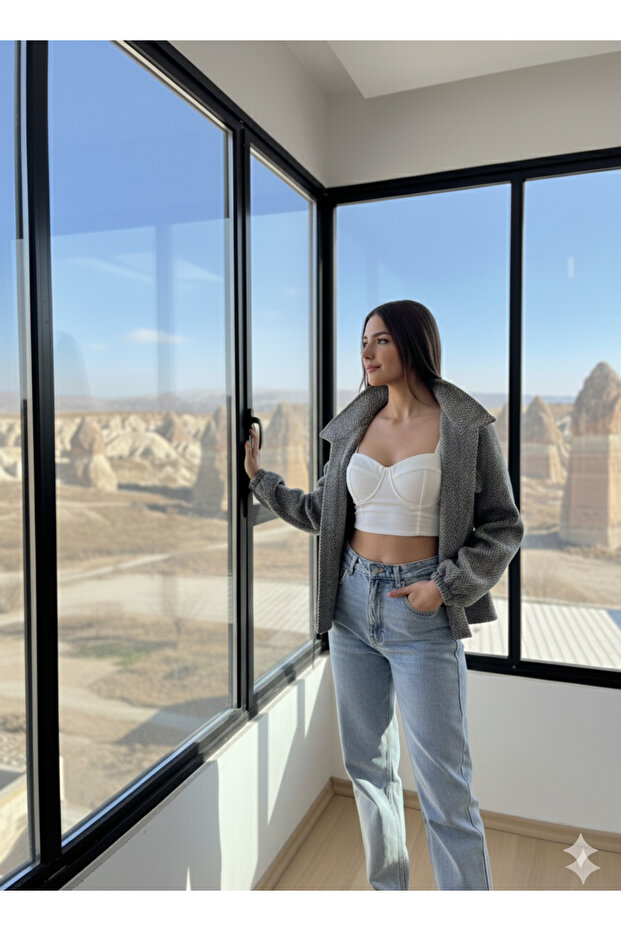 Herringbone Pattern Mock Neck Button Cashmere Jacket - 1