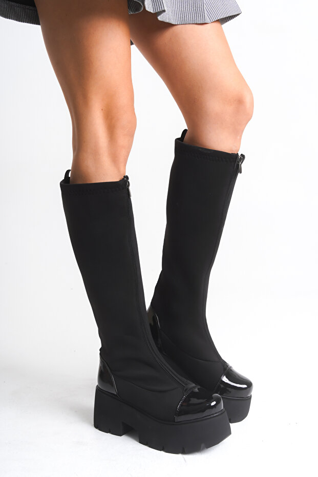 Gemma Black Women's New Season Thick Sole Front Zipper Detailed Daily Comfortable Fit Long Stretch Boots
