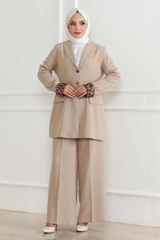 Leopard Patterned Suit Beige 19218 - 1